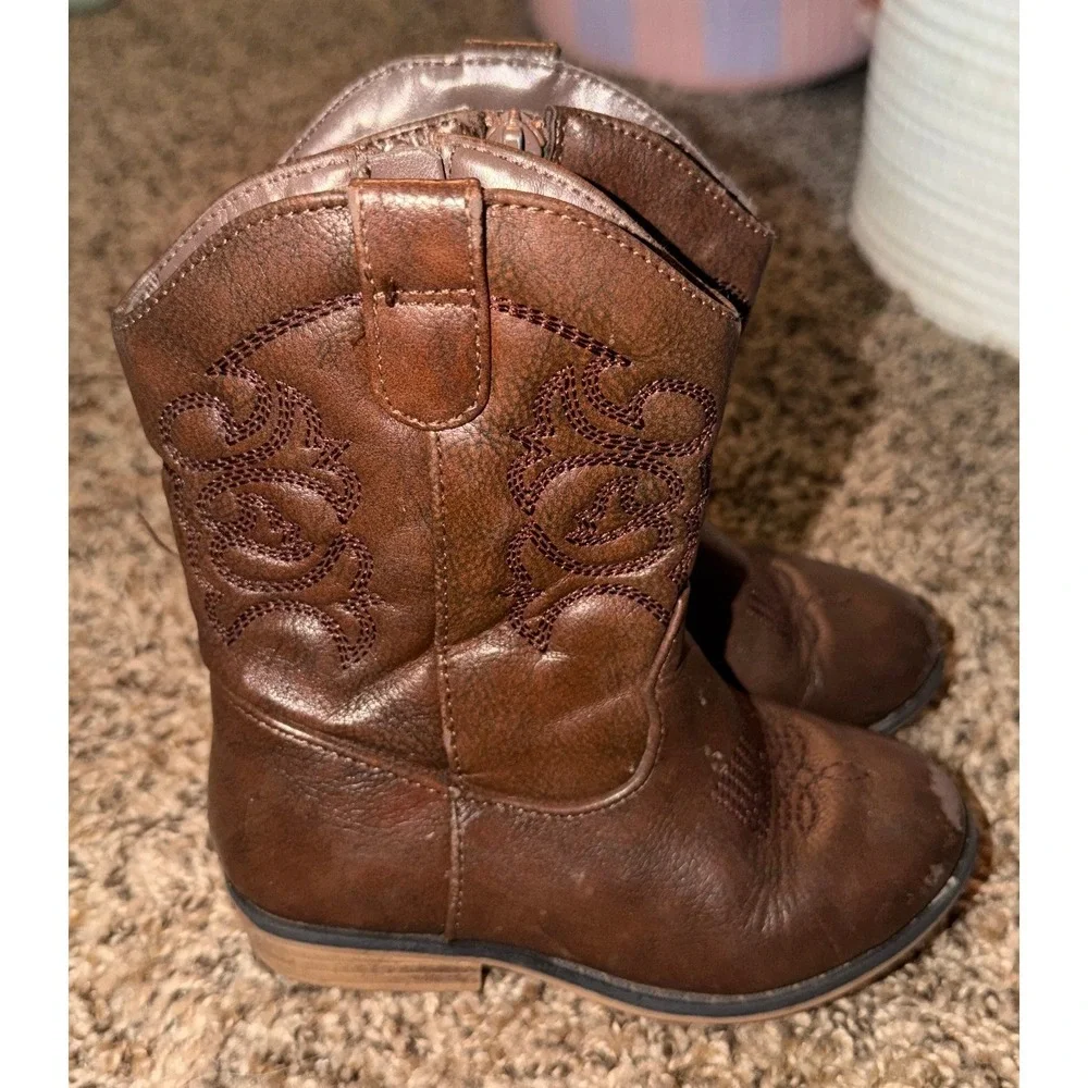 Cat & Jack Memphis Western Boots Cognac Mid-Calf Zipper Closure Size 9